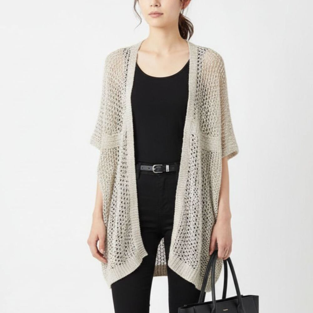 Eileen Fisher Tan Crochet Open Front Cardigan Sweater S